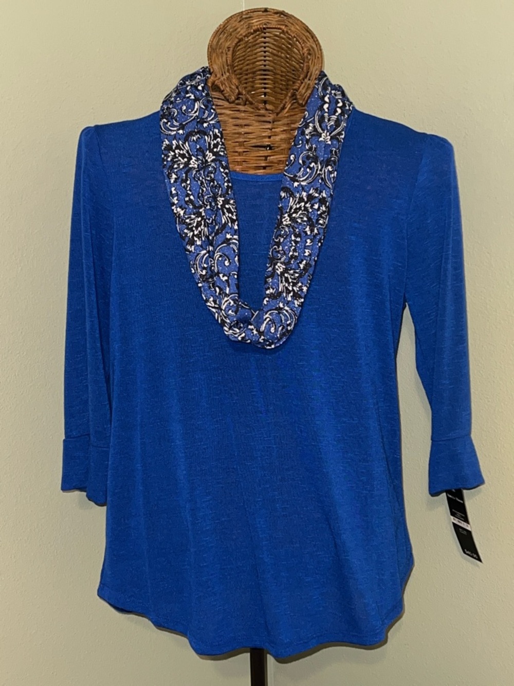 Rebecca Malone Royal Blue Knit Top with Printed Infinity Scarf